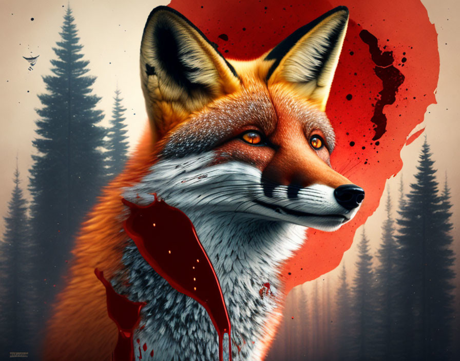 Digital illustration: Fox head on forest backdrop with red ink splatter