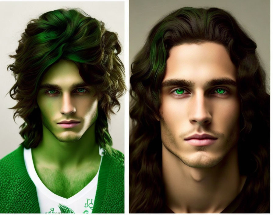 Realistic digital art: Person with green eyes and wavy hair in green sweater