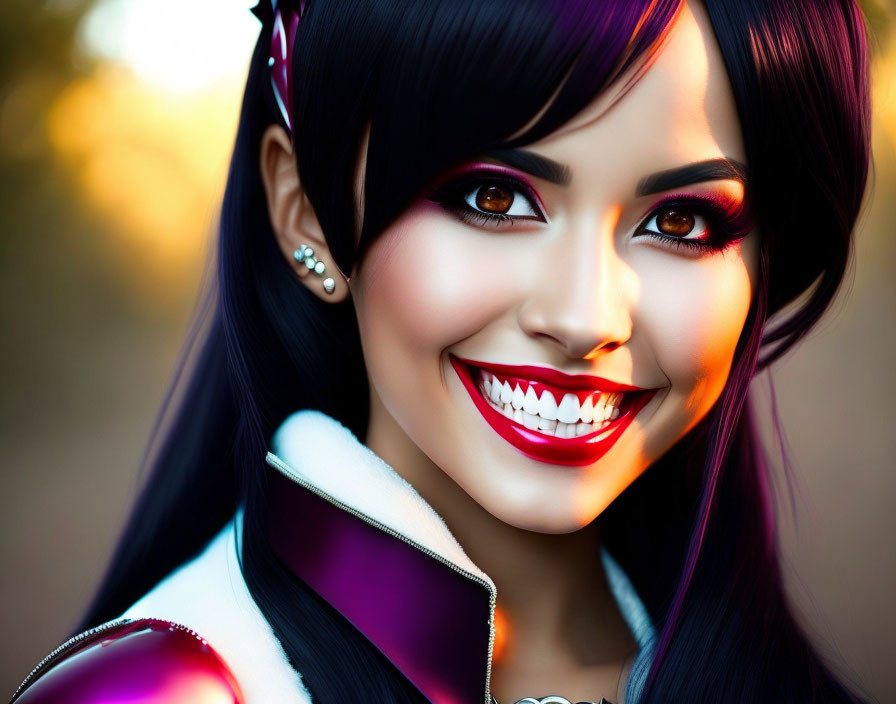 Digital portrait of smiling woman with dark hair, sharp canines, vibrant makeup, and fantasy outfit