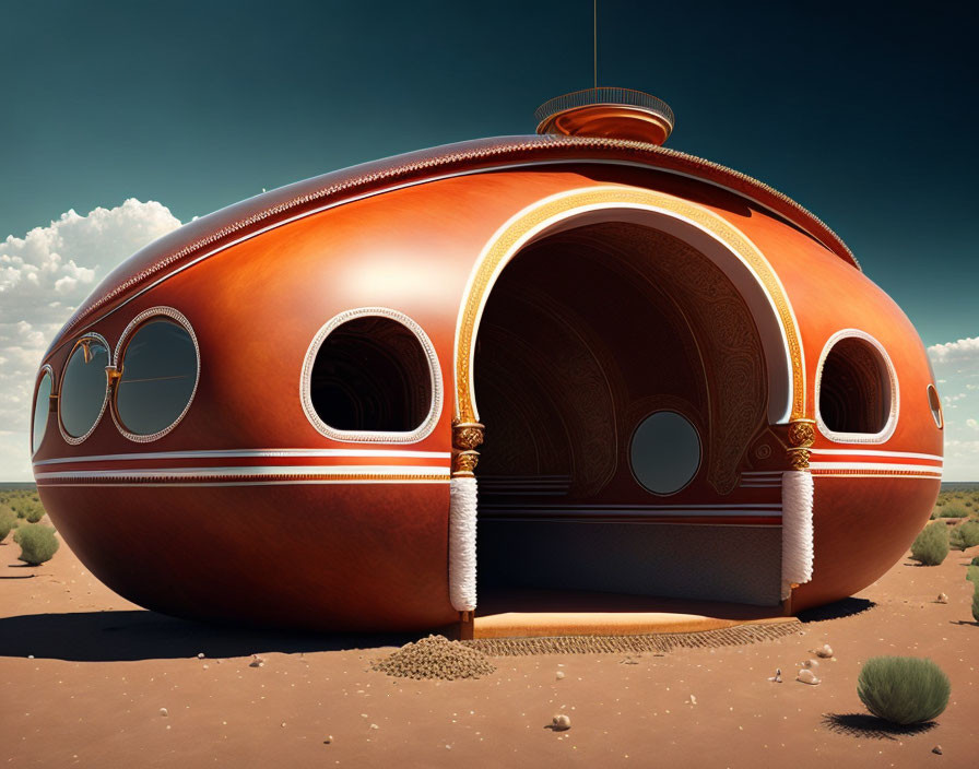 Futuristic reddish-brown spherical house in desert with round windows.