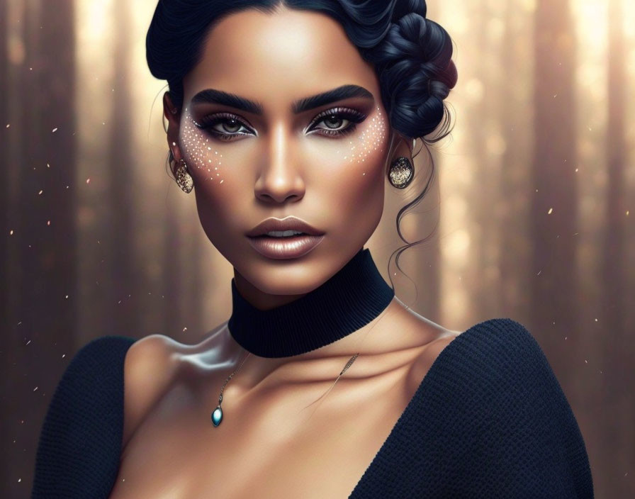 Woman with stylized makeup and braided hair in black turtleneck.