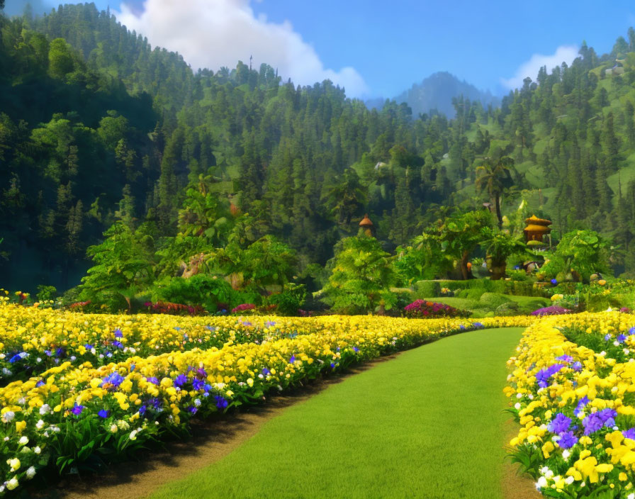 Lush Green Path with Yellow and Blue Flowers in Vibrant Garden