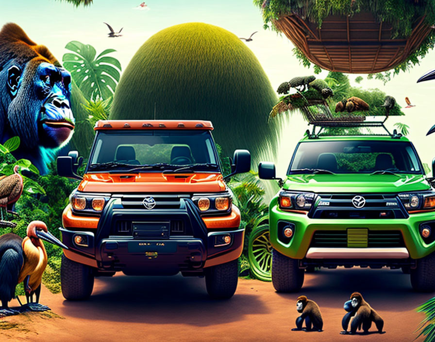 Colorful Toyota 4x4s with jungle wildlife - gorilla, toucans, and