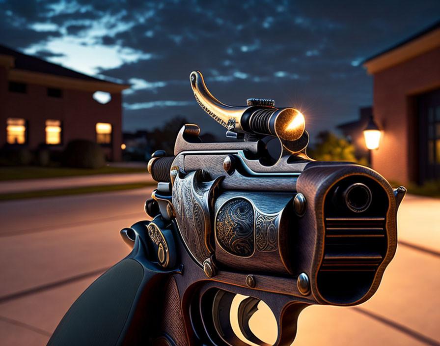 Ornate pistol with curved hammer against twilight cityscape