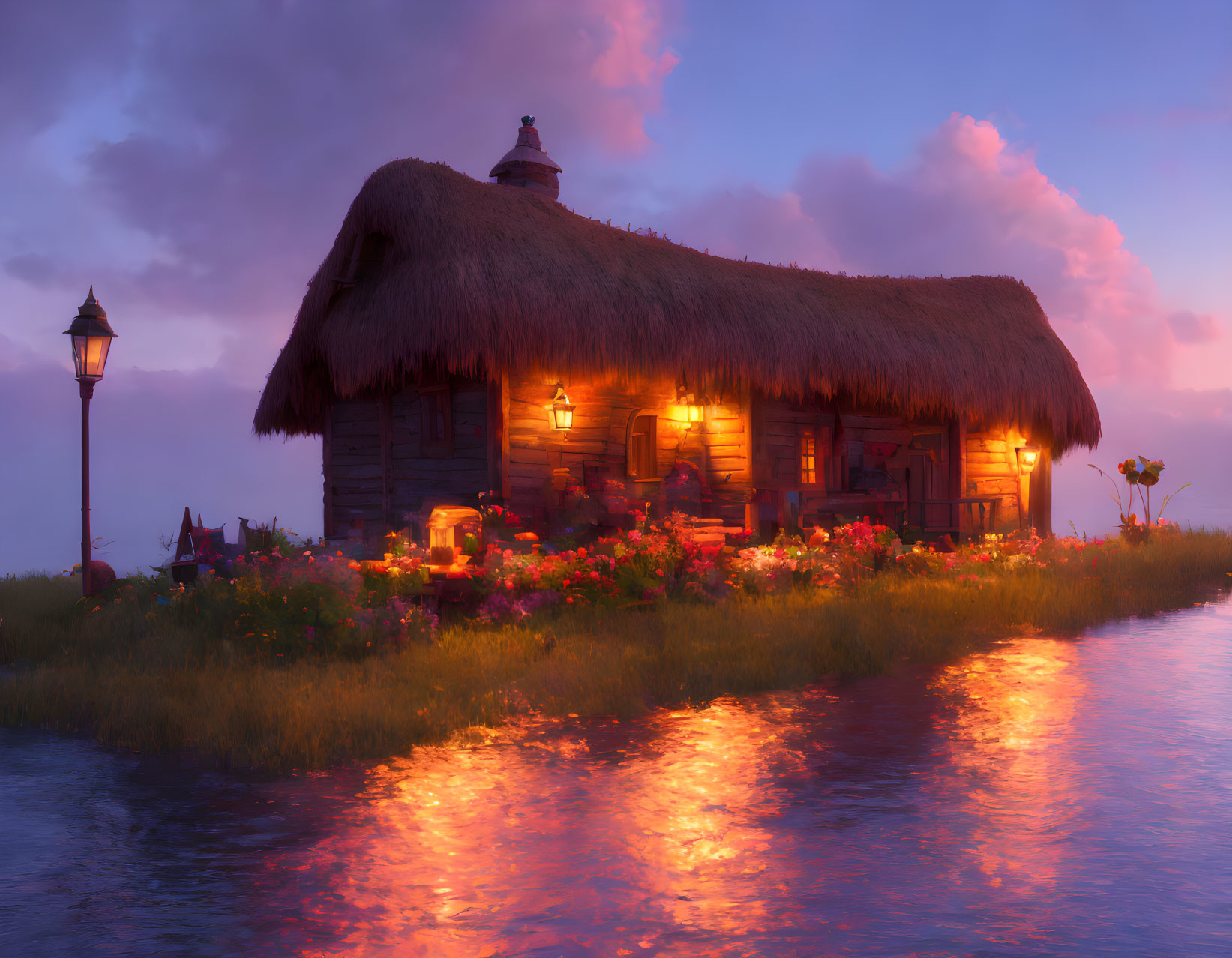 Thatched Cottage by River at Sunset with Warm Glowing Light