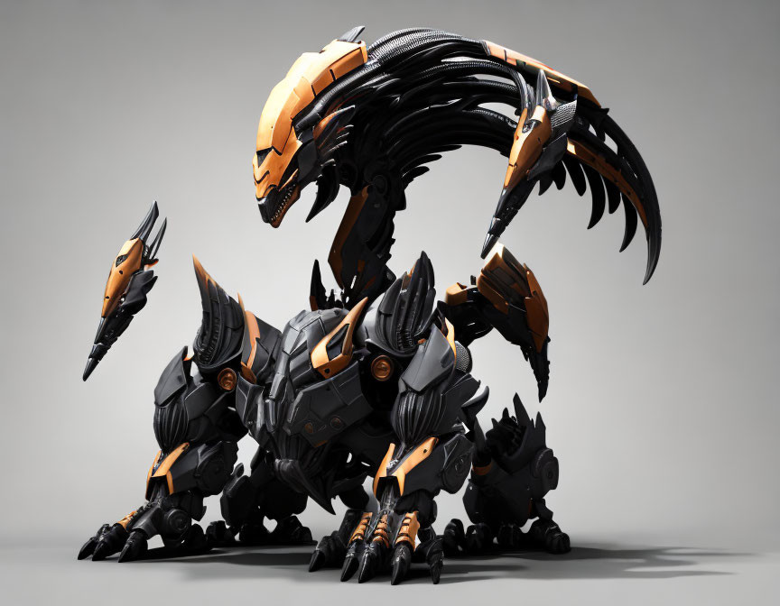 Detailed 3D rendering of black and orange armored robotic dragon with sharp claws and tail on neutral backdrop