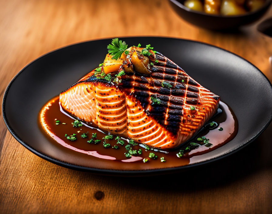 Grilled salmon fillet with glaze and herbs on black plate, wooden table setting.