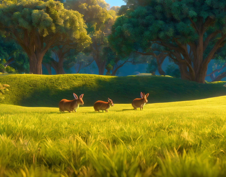 Three rabbits in sunlit meadow with tall green trees