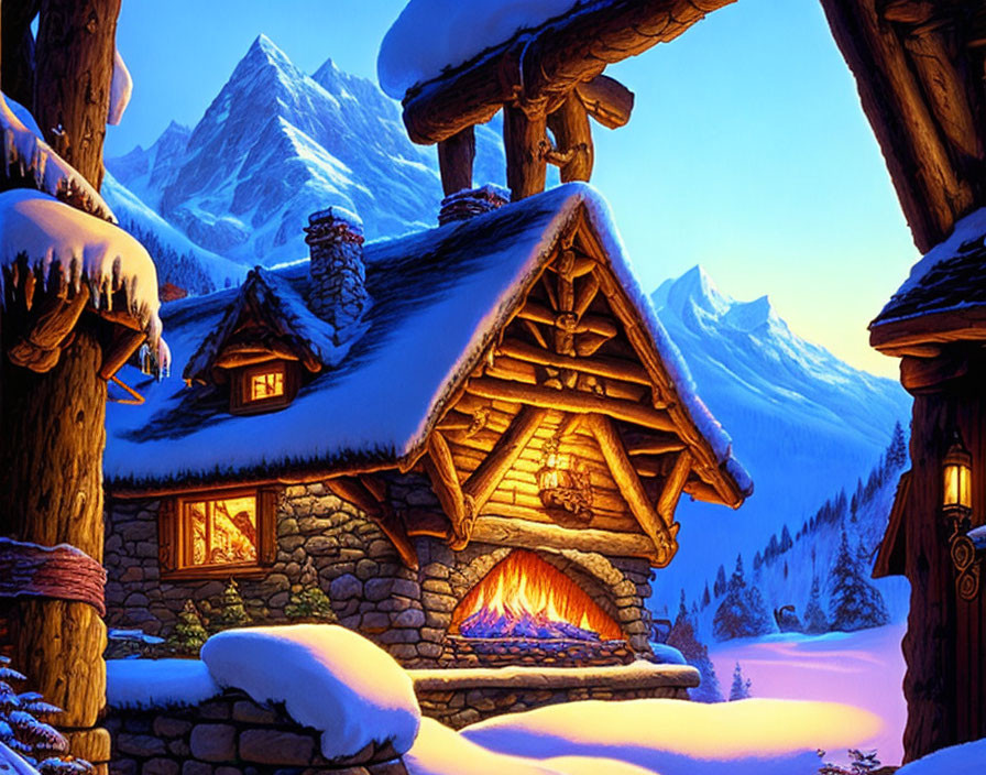 Snow-covered cottage with warm glow, fireplace, snowy trees, twilight mountain backdrop