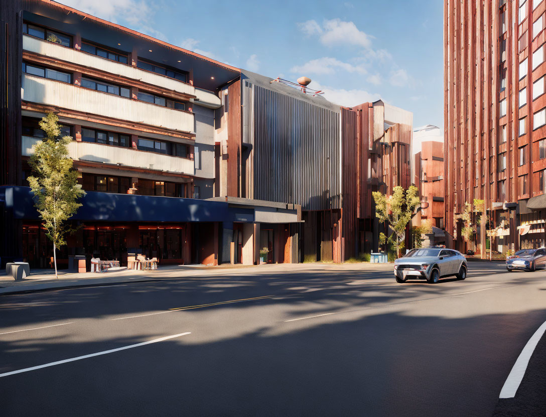 Contemporary city street with car, pedestrians, and cafe on sunny day