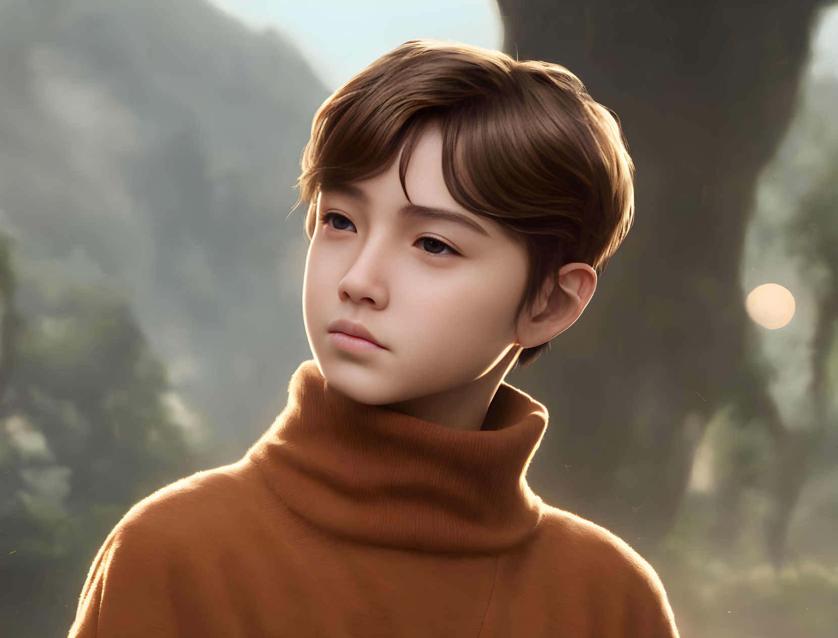 Young boy digital art with thoughtful expression in brown turtleneck, forest background & sunlight