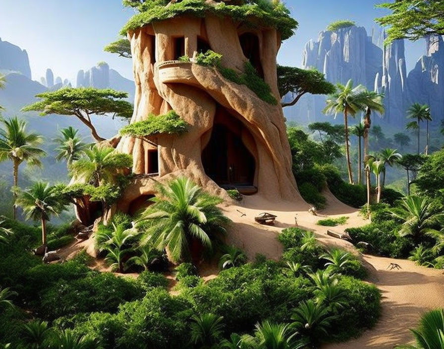 Fantastical treehouse in lush jungle with towering rock formations