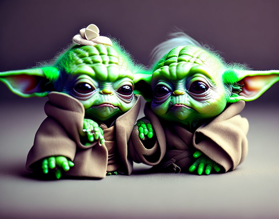 Green-skinned baby toy figures in brown robes with large ears.