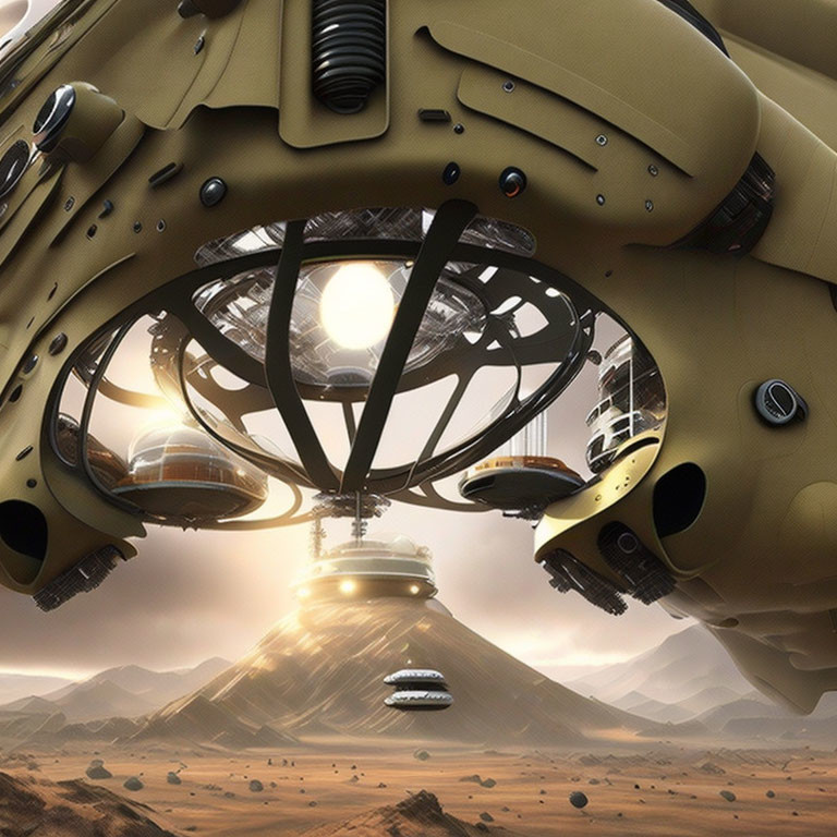 Futuristic desert landscape with hovering spacecraft and setting sun