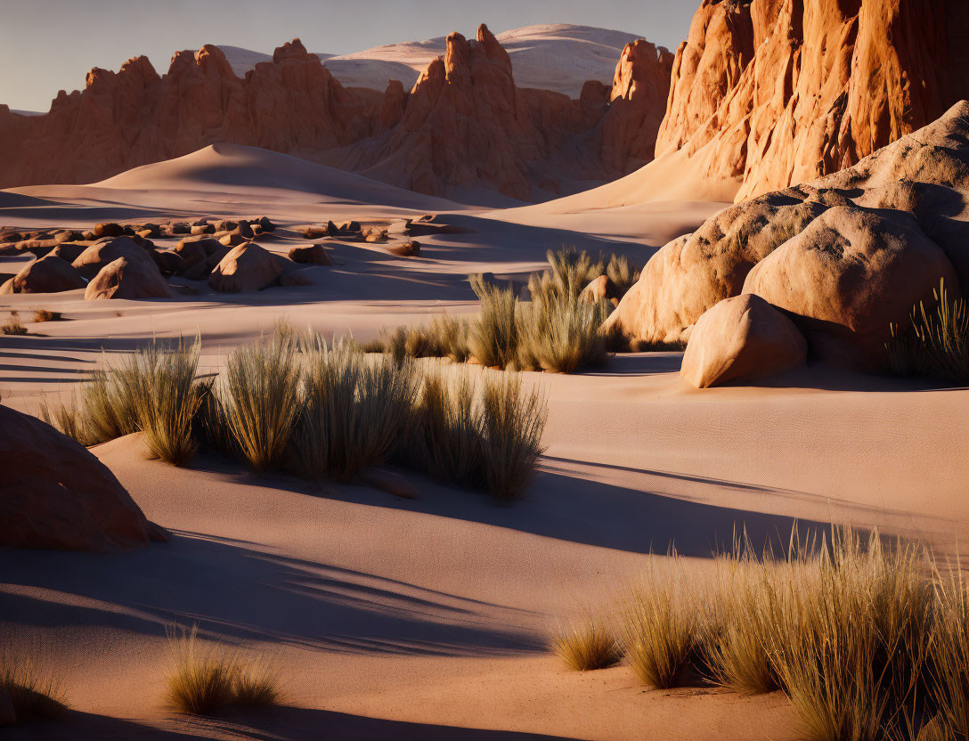 Desert sand dunes, grass tufts, rocks under clear sky