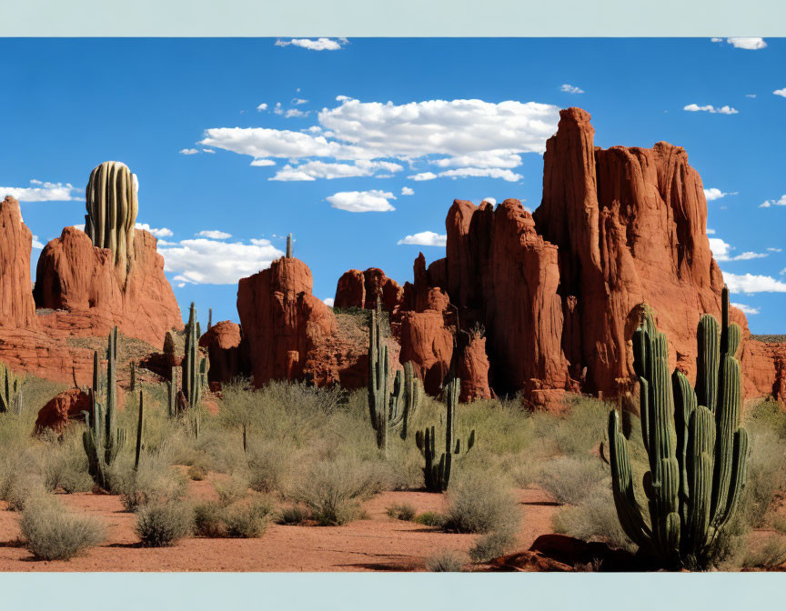 Red Rock Formations and Cacti in Desert Landscape