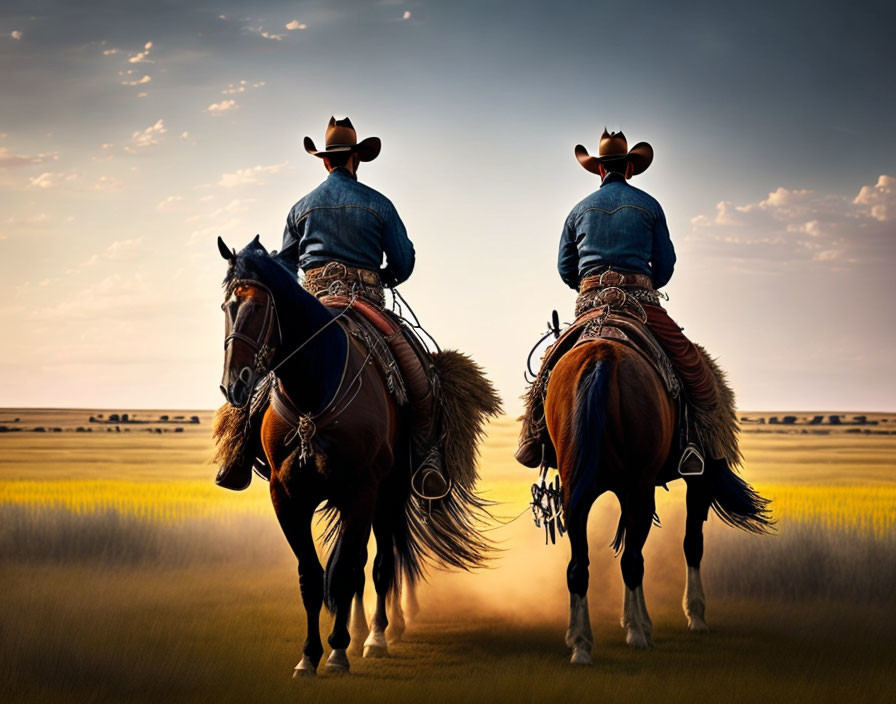 Two cowboys on horseback riding in serene field at dusk