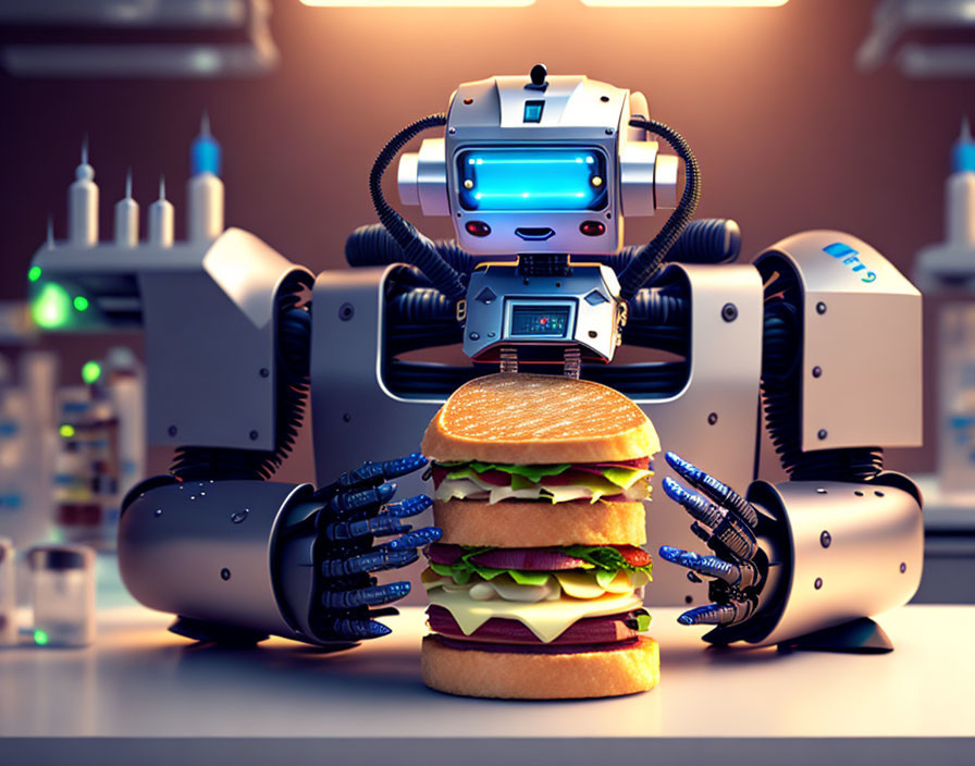 Robot assembling large hamburger with digital face and mechanical arms.