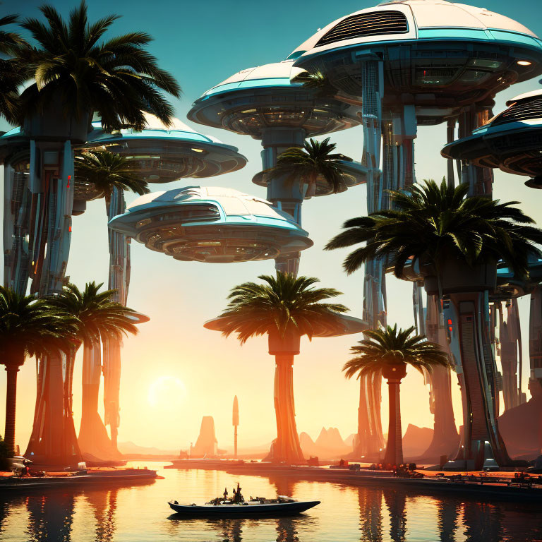 Futuristic cityscape with palm trees and flying-saucer-like structures at sunset.