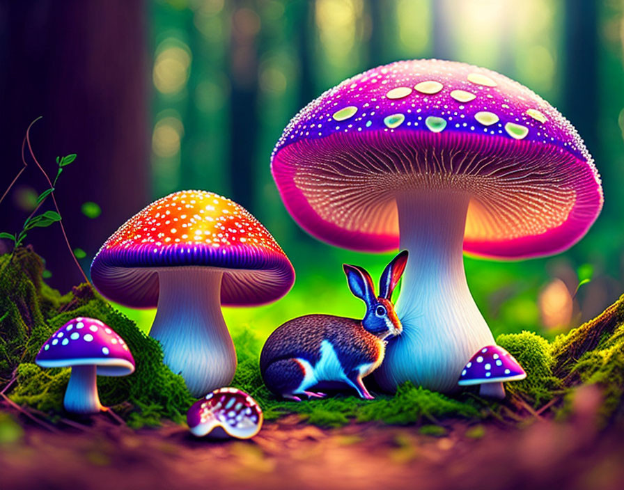 Colorful oversized mushrooms in fantasy forest with small rabbit - Vibrant image