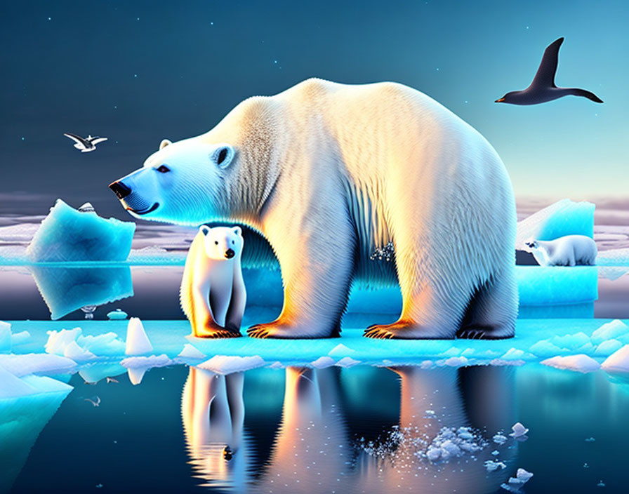 Polar bear and cub on ice floe at twilight with birds