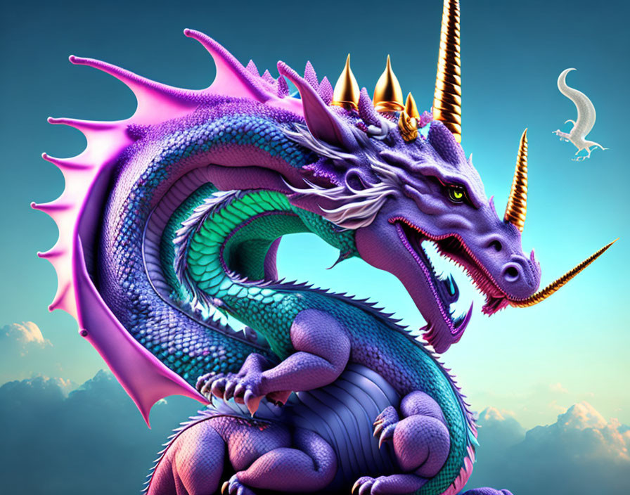 Colorful Dragon with Purple and Blue Scales in Flight