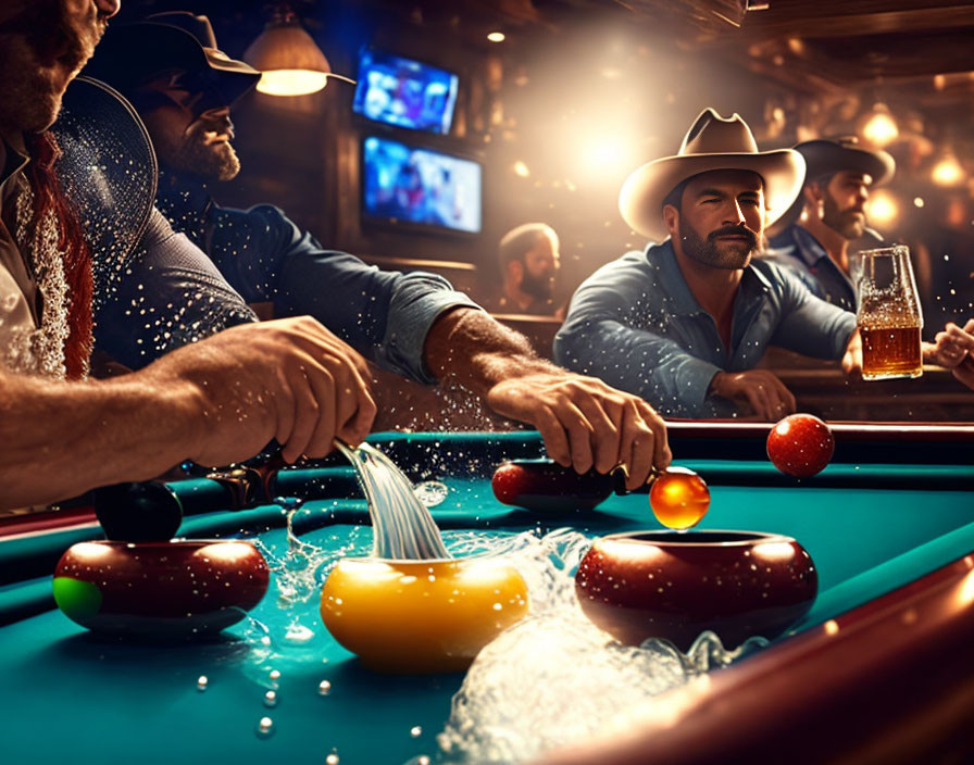 Men playing pool in bar with dynamic water splash effect.