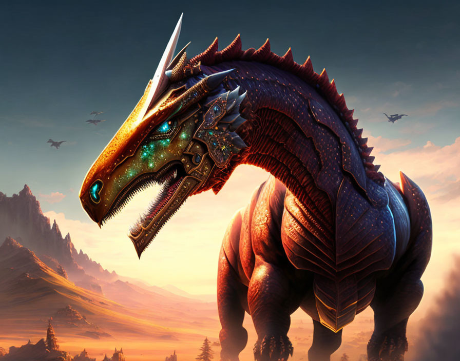 Majestic dragon with metallic headpiece against sunset sky