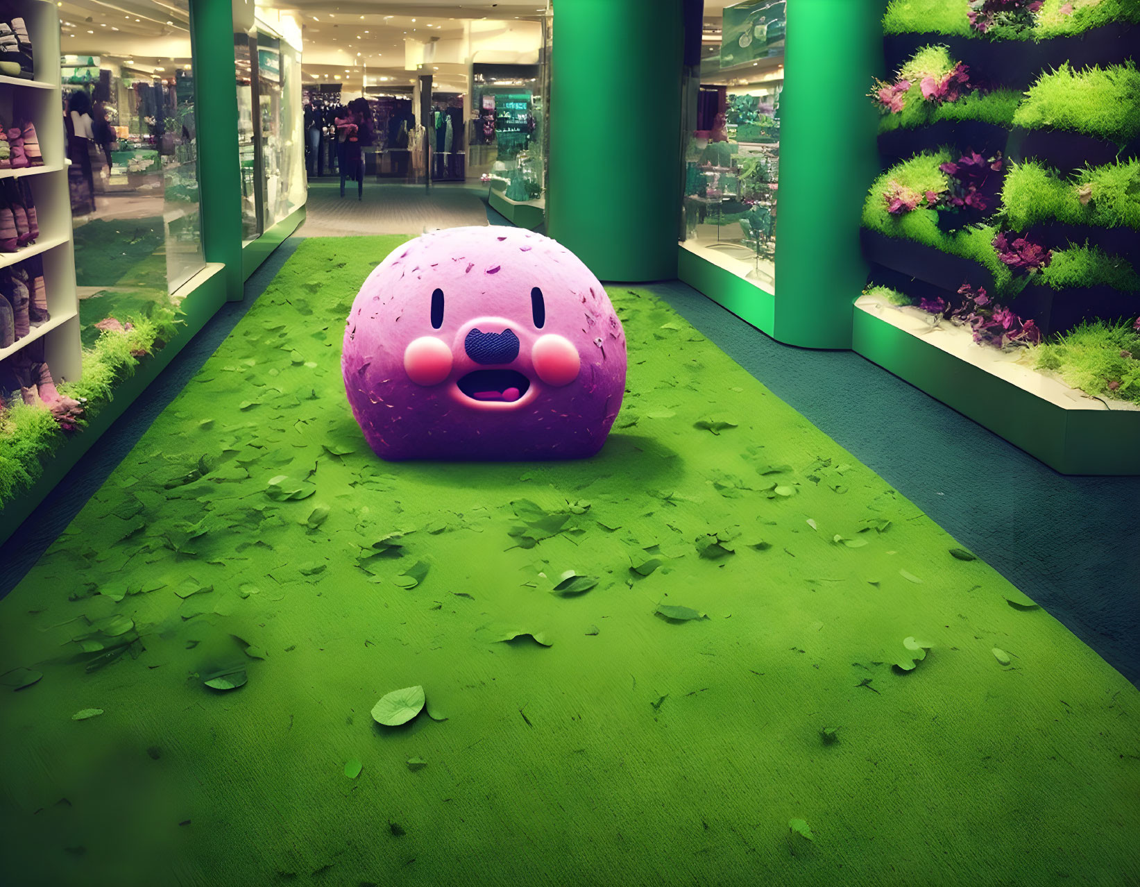 Large Plush Kirby Toy in Green Carpeted Corridor with Leaves and Green Hedges