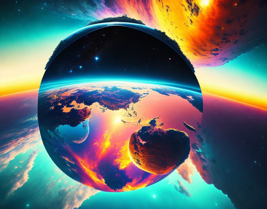 Vibrant cosmic illustration of spherical planets in fiery and oceanic landscapes