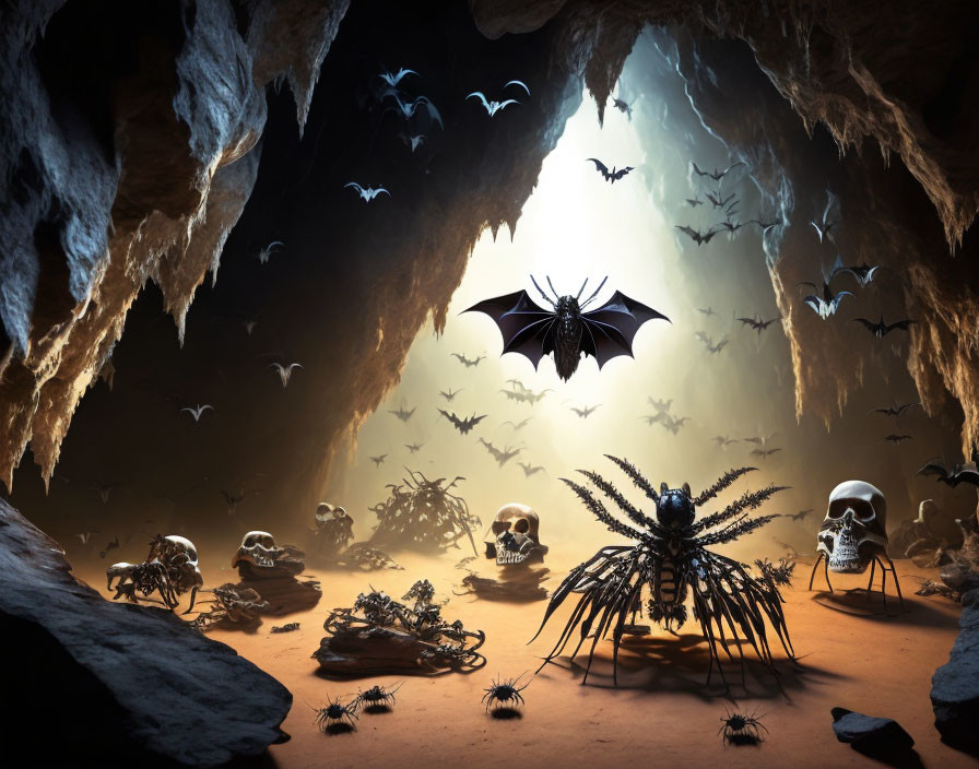 Fantasy cave with spider, bats, skeletons, and bones under dim light