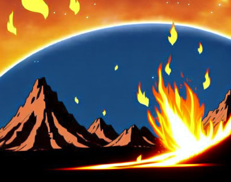 Animated fiery meteor shower over mountain range and planet horizon