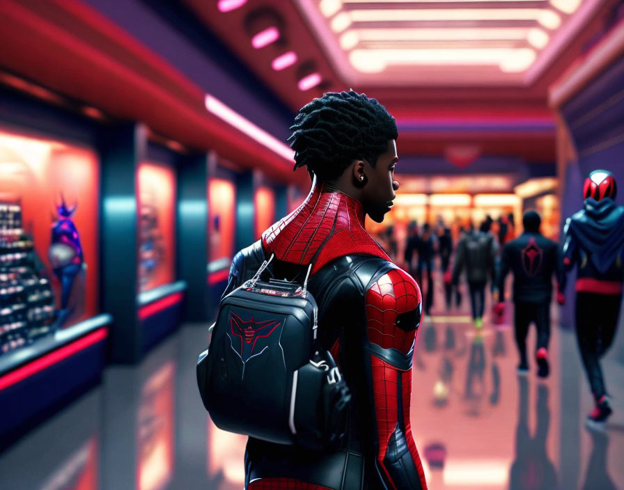 Detailed Spider-Man Suit in Neon-Lit Futuristic Corridor