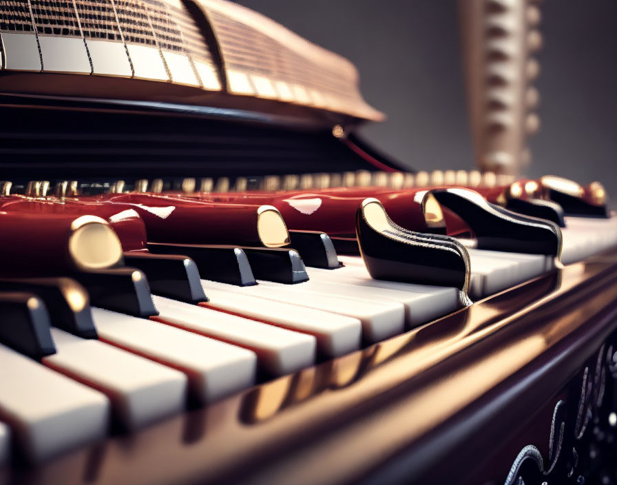 Detailed view of black and white grand piano keys with polished wooden and golden accents