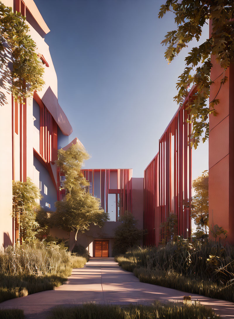 Contemporary red facade buildings with glass windows and green landscaping