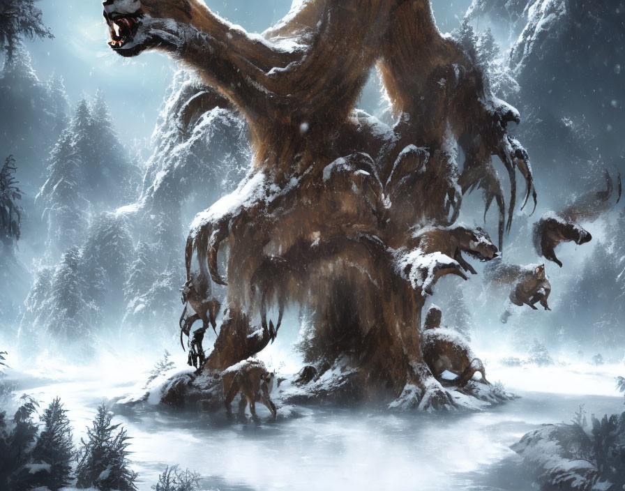 Monstrous tree with ferocious face in snowy forest with leaping wolves