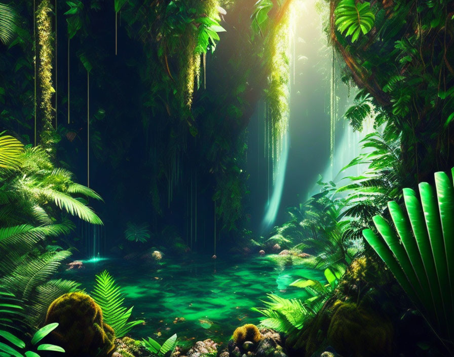 Lush Jungle Scene with Dense Foliage and Sunlight Beams