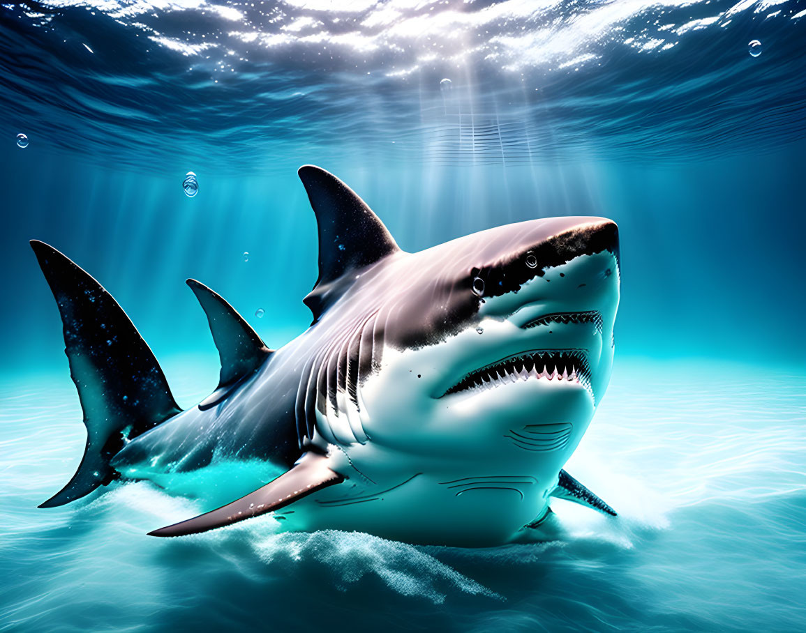 Majestic great white shark in underwater sunlight.