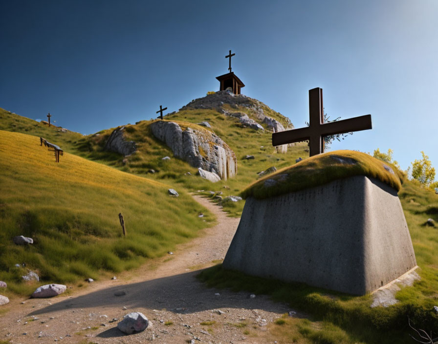 Christian cross and church on hilltop under clear blue sky with scattered crosses.