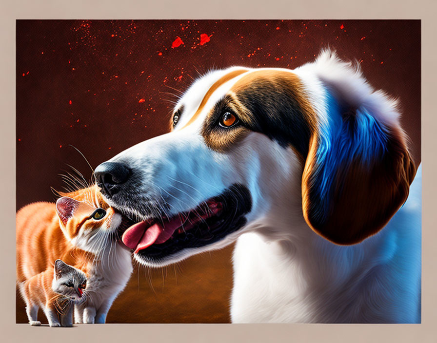 Attentive dog with floppy ear beside small cat on reddish-brown backdrop