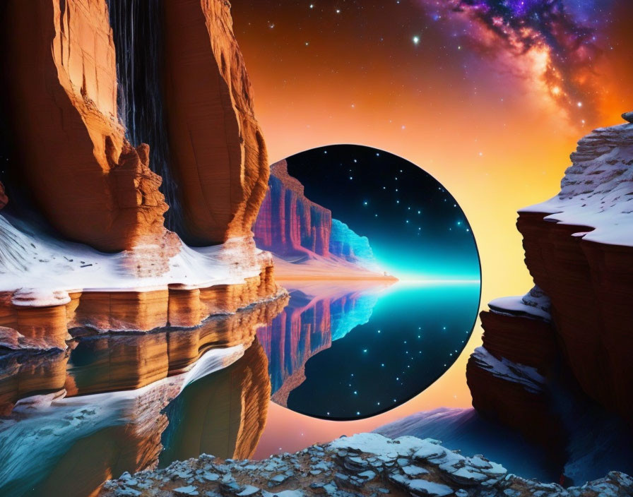 Surreal landscape with cliff, waterfall, cosmic portal, and starry sky reflected in serene waters