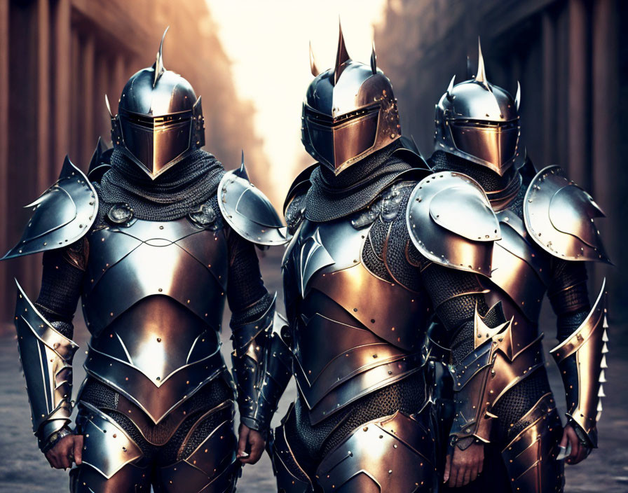 Three knights in shining armor in historical setting with sunlight piercing