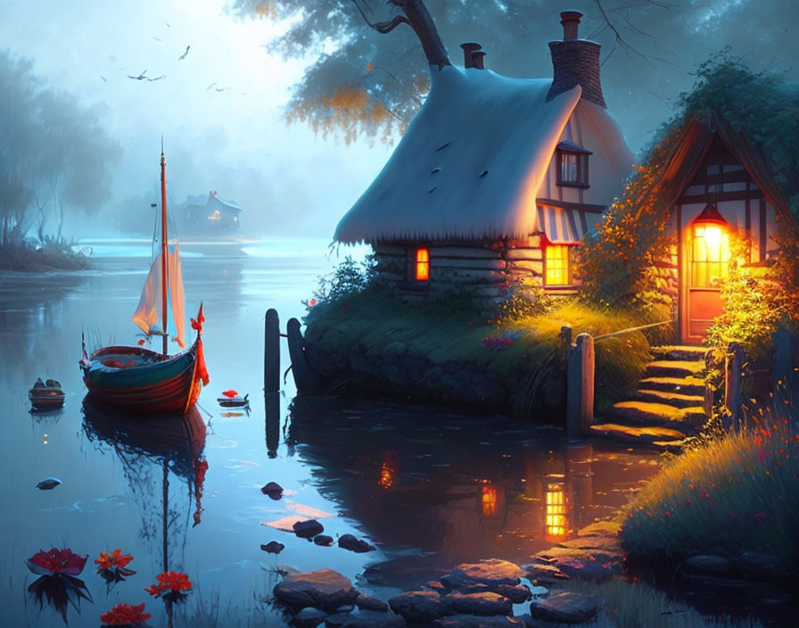 Tranquil evening scene: thatched cottage by calm river with sailboat, warm glowing lights,