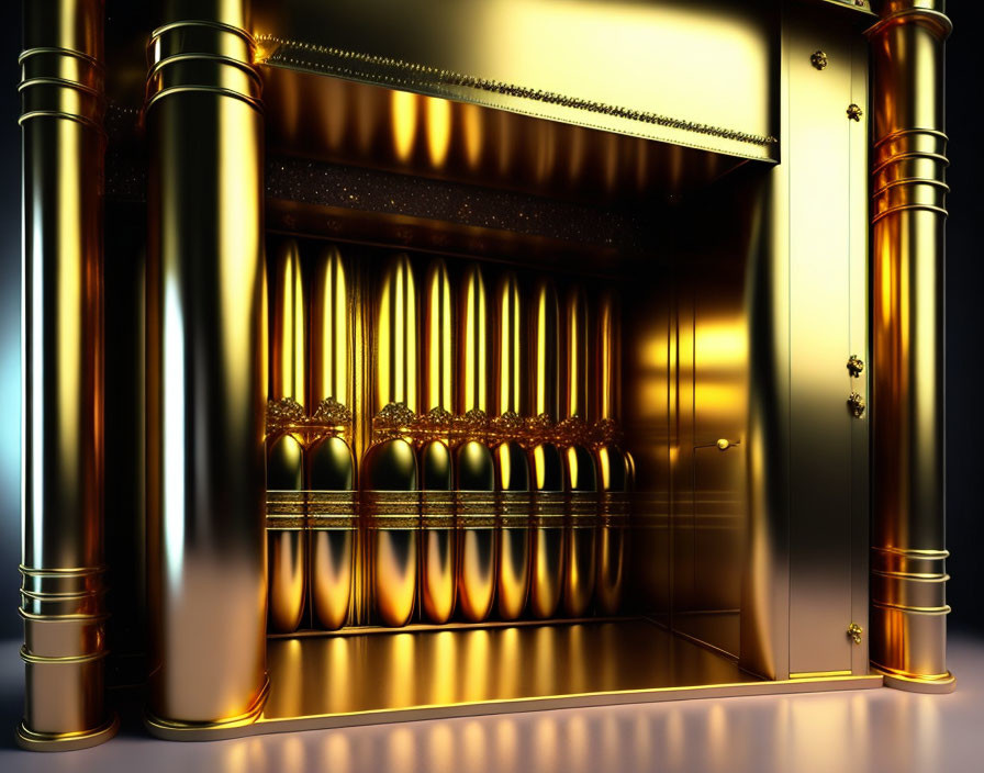 Luxurious Golden Safe with Ornate Metalwork and Rows of Gold Bars