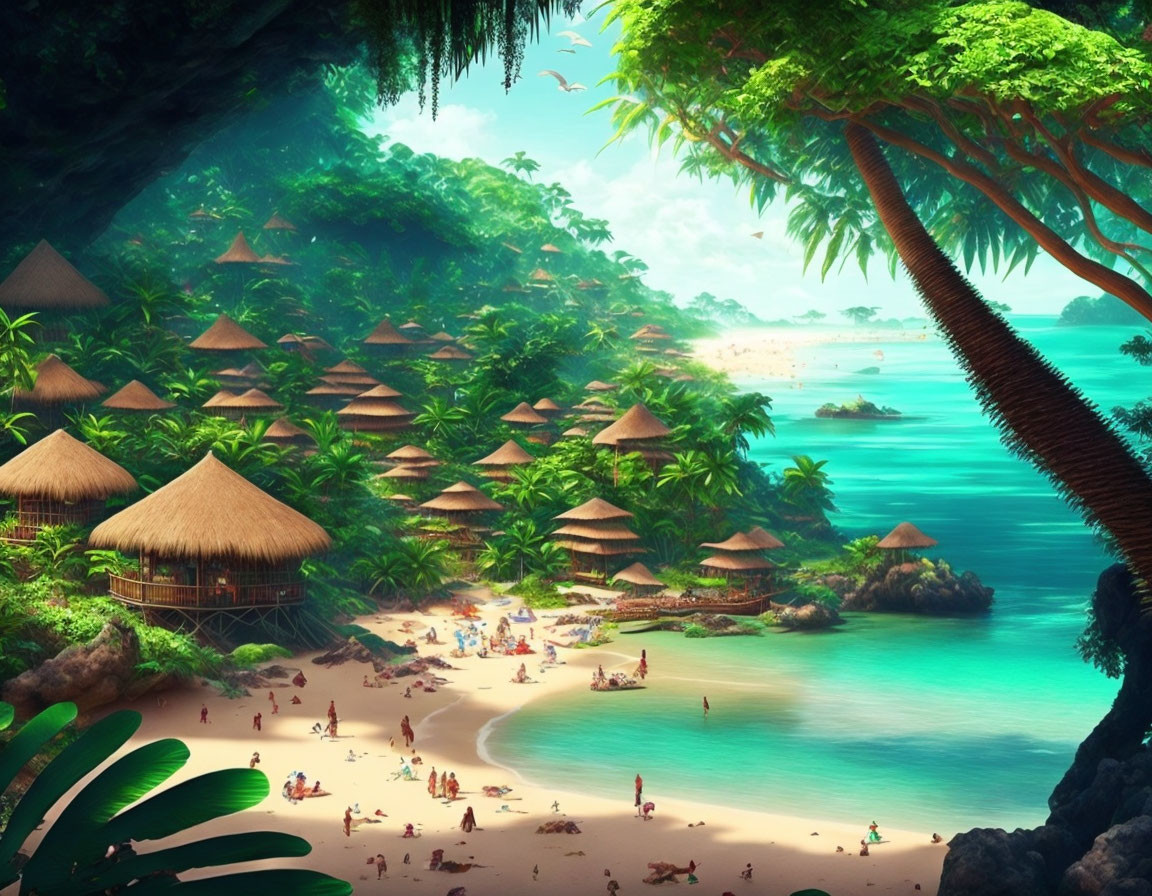 Tropical beach scene with palm trees, huts, and sunbathers