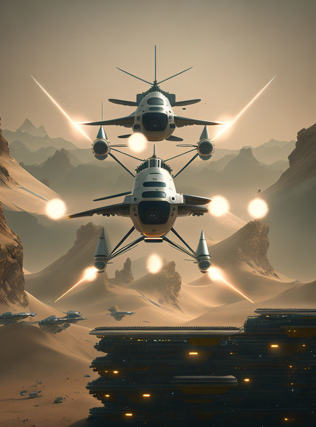 Futuristic aircraft formation over desert mountains and structure