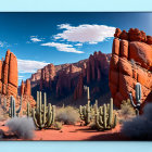 Red Rock Formations and Cacti in Desert Landscape