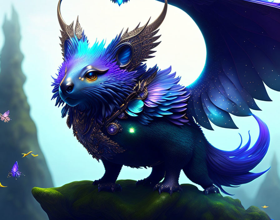 Luminous blue fur creature with wings and lion-like features among butterflies