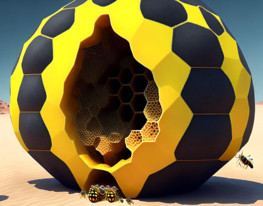 Giant soccer ball with honeycomb pattern in desert landscape with bees.