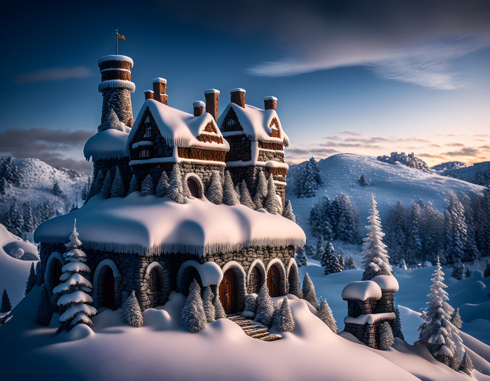 Snow-covered castle in winter twilight among snowy pine trees